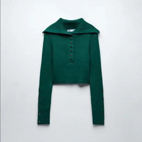 Zara Polo Collared Ribbed Snap Button  Knit Long Sleeve Sweater Shirt Green Sz S - Picture 2 of 8